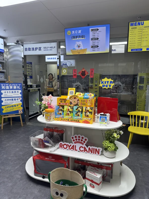 洗它派门店内的商品陈列台，后方可见洗护区域和黄色座椅
